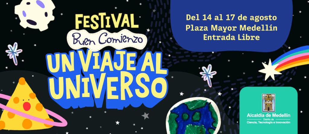Niñas y niños participan en el Festival Buen Comienzo 2026 en Plaza Mayor Medellín durante una experiencia interactiva inspirada en el universo.