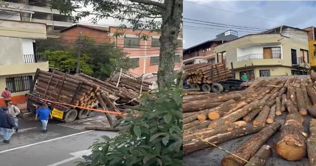 Camión cargado con troncos de madera involucrado en accidente en San Antonio de Prado.