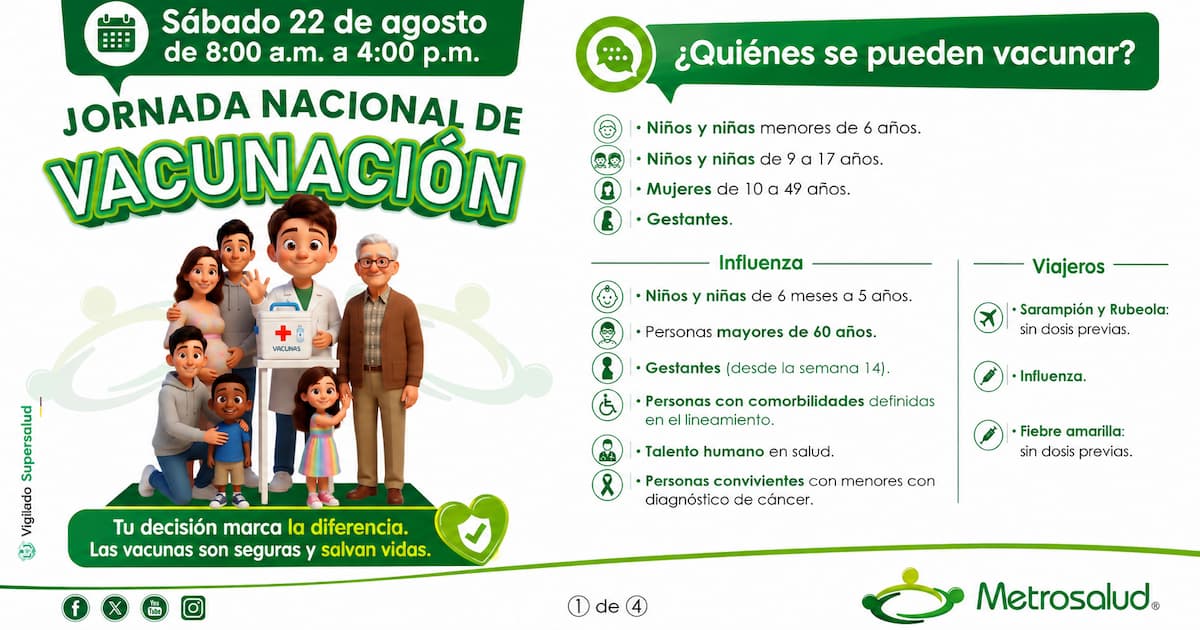 Jornada Nacional de Vacunación este sábado 22 de agosto en Medellín