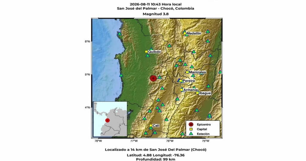 Nuevo sismo de magnitud 3,8 registrado en San José del Palmar, Chocó, el 11 de agosto de 2026