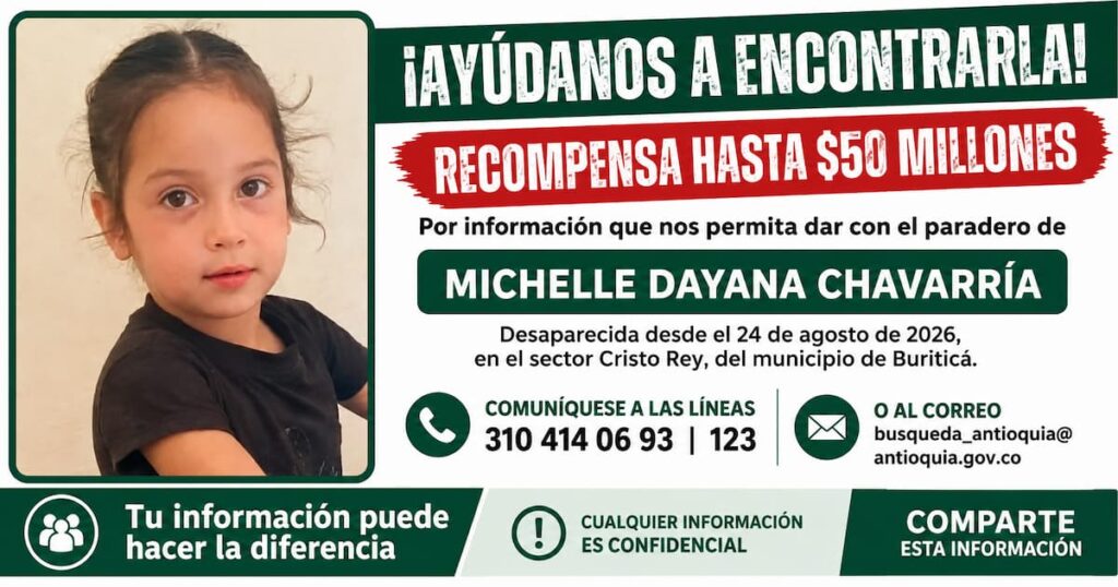 Michelle Dayana Chavarría niña de seis años desaparecida en Buriticá Antioquia
