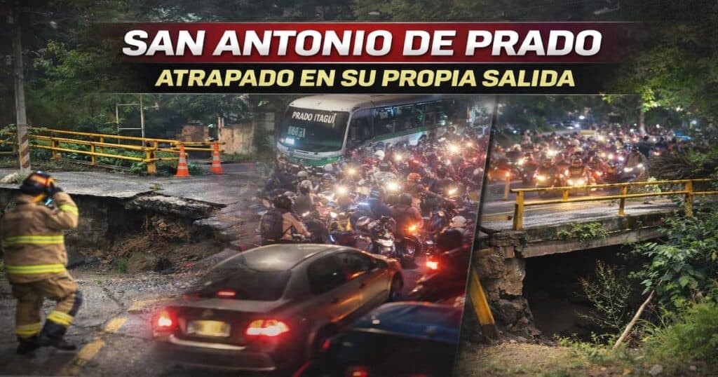 Congestión vehicular en San Antonio de Prado tras el cierre del puente La Limona en enero de 2026.