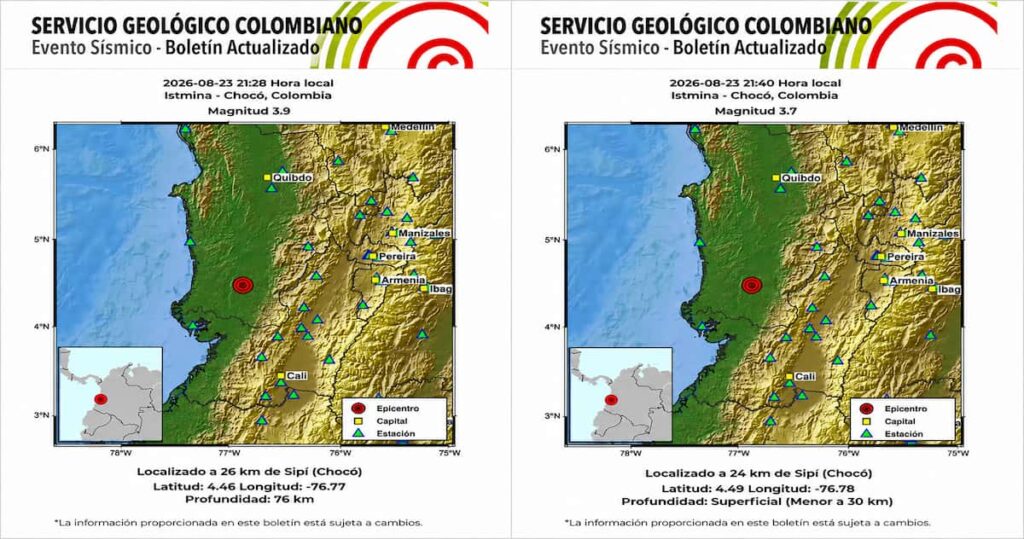 Mapa de los sismos registrados en Istmina, Chocó, el 23 de agosto de 2026.