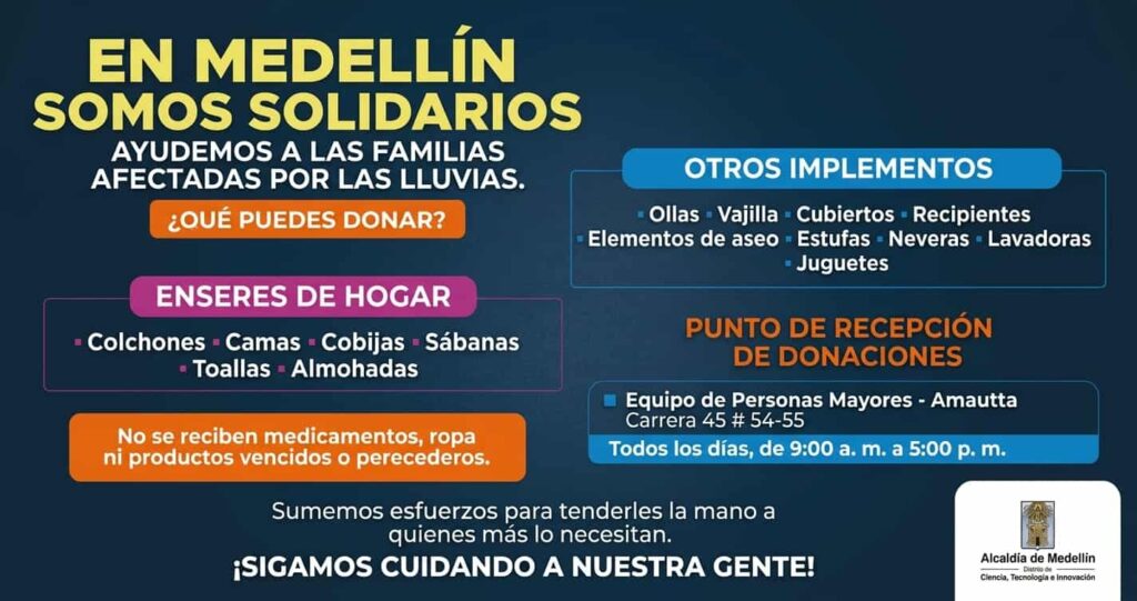 Donaciones para familias afectadas por las fuertes lluvias en Medellín.