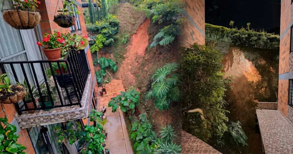 Derrumbe reportado por residentes cerca de la torre 9 de la urbanización Santa María de los Ángeles en Medellín.